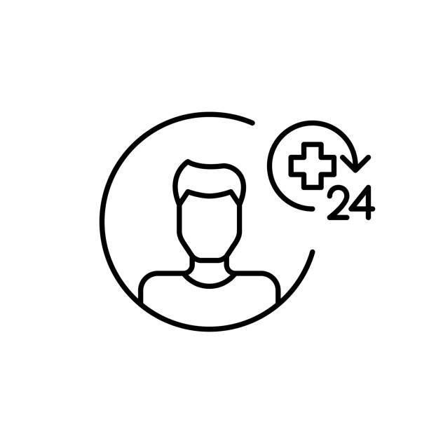 Man avatar, medical cross and 24 hour emblem. All day health coverage. Round the clock security. Pixel perfect, editable stroke vector icon