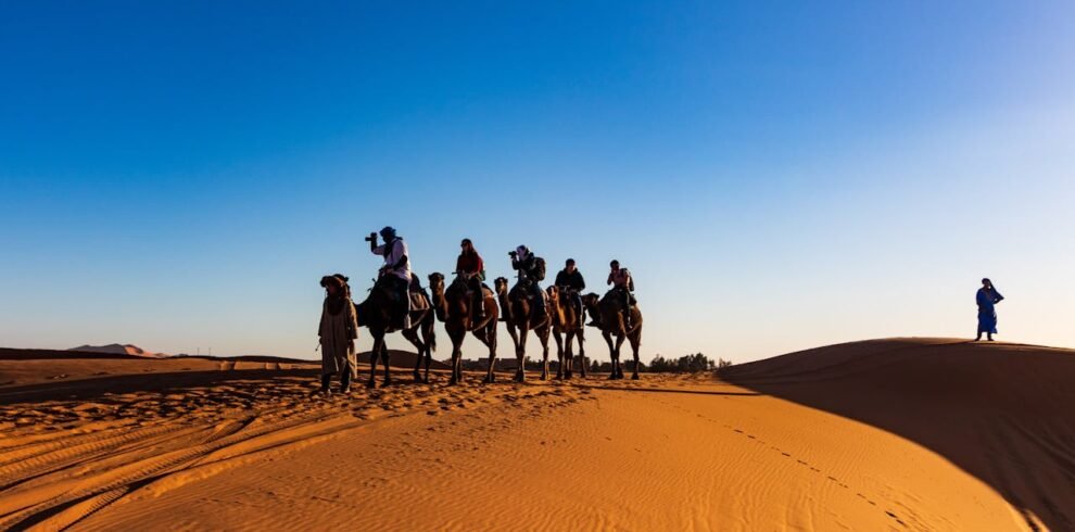 A group of people riding camels in the desert under a clear blue sky