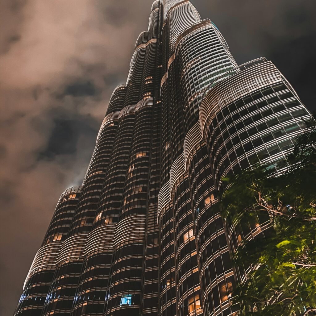 The iconic Burj Khalifa, the world's tallest building, reaching for the sky in Dubai.