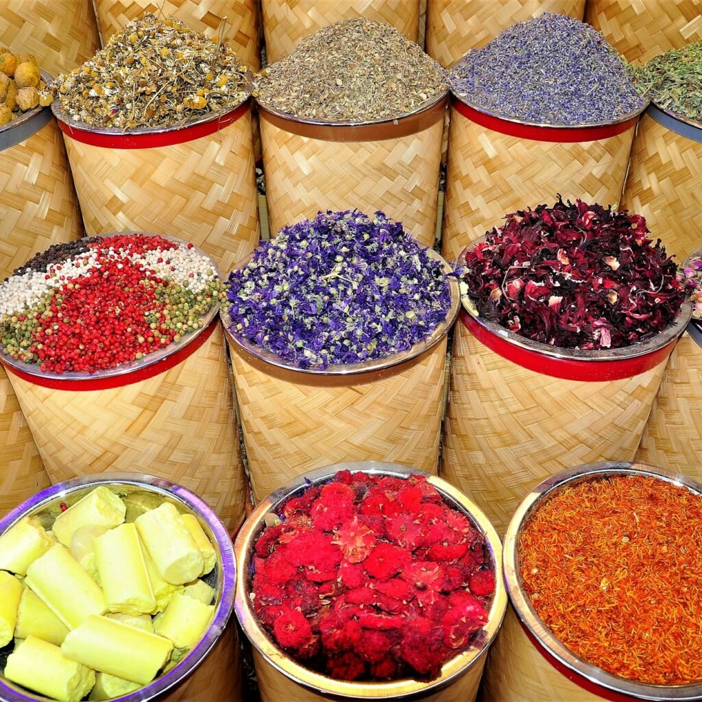 Diverse dried herbs and spices at Dubai's Spice Souk.