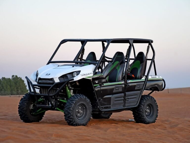 Black and white dune parked in the Dubai desert.