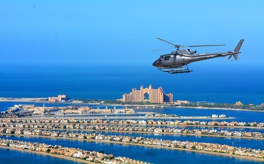 Helicopter tour in Dubai showcasing aerial view of the city.