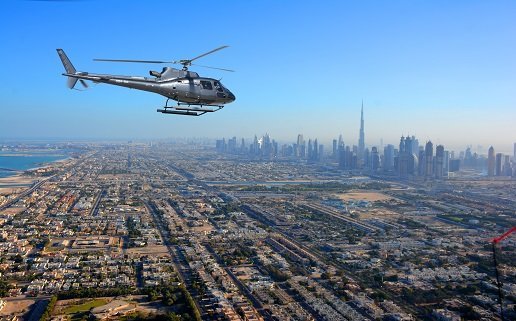 Helicopter tour in Dubai showcasing aerial view of the city.