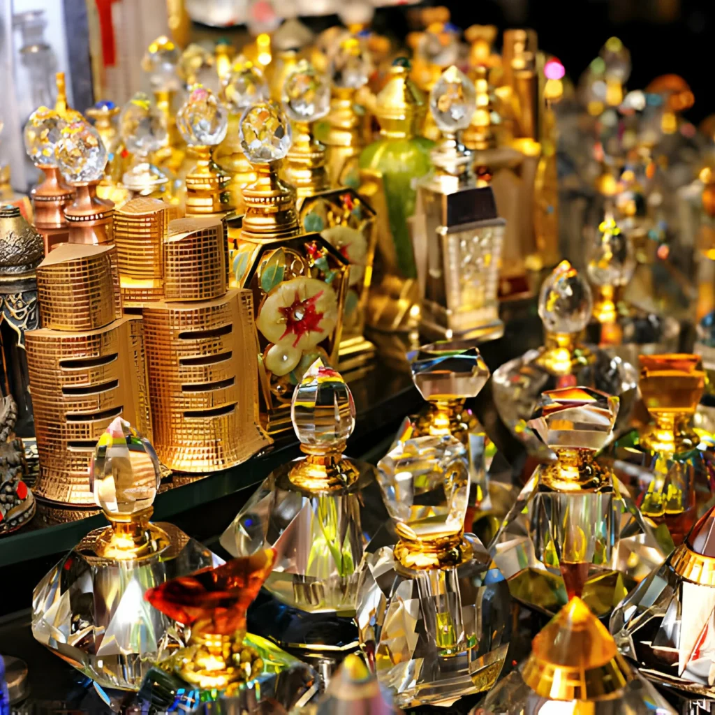 Display of fragrant perfume bottles at Dubai's Perfume Souk.