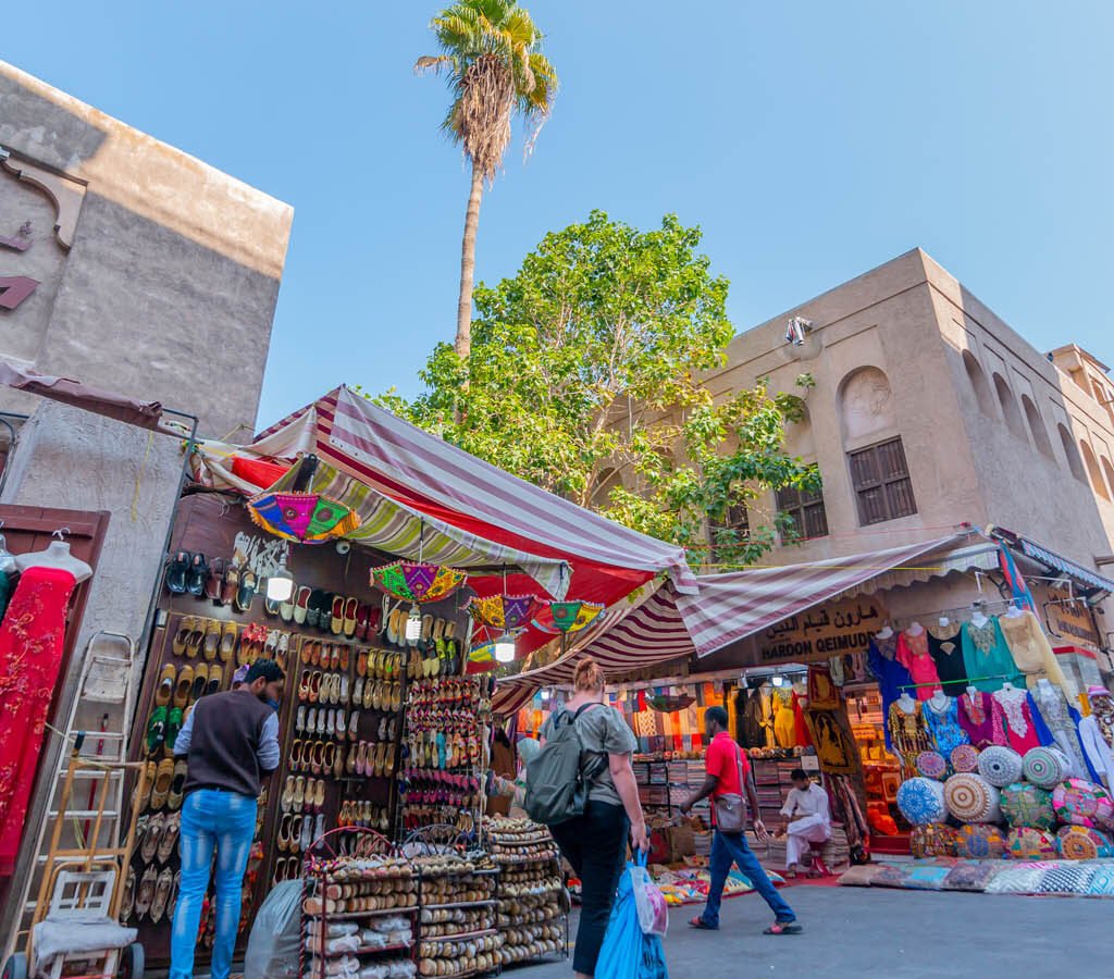 Colorful market stalls at Al Fahidi Souk in the urban area.

