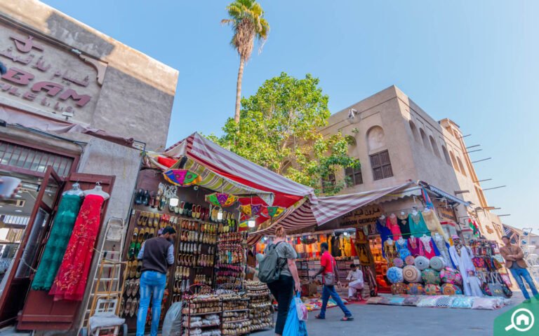 Colorful market stalls at Al Fahidi Souk in the urban area Dubai's Souks