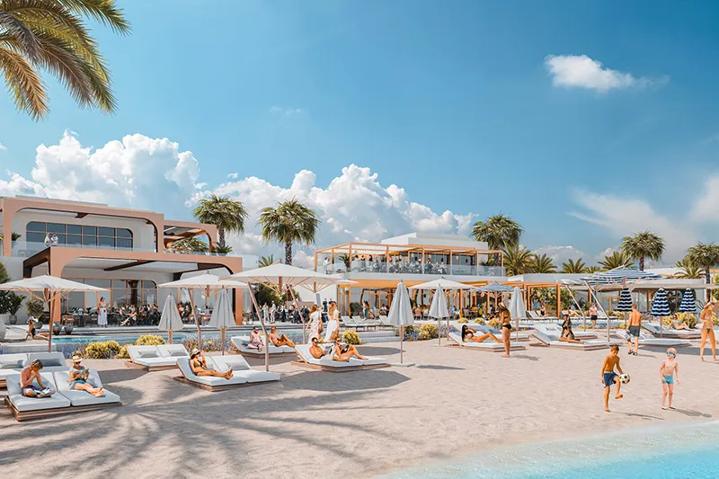 Beautiful depiction of La Mer Beach resort featuring sandy shore, turquoise sea, and lush palm trees.