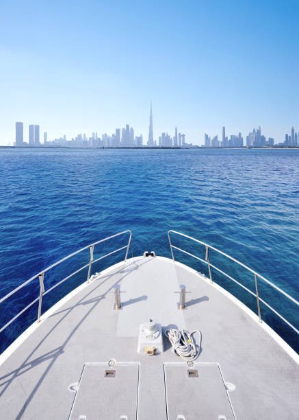 Front view of Dubai skyline from the yacht at morning, United Arab Emirates.