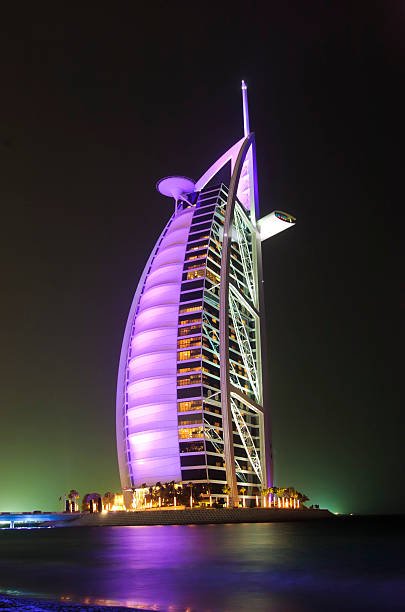 Dubai, UAE - July 26, 2007: Burj al ArabNight Shot of the famous "Burj Al Arab"-Hotel on Dubai´s Jumeirah Beach. It is an iconic structure whose shape mimics the sail of a ship.