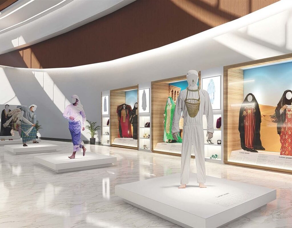 Sharjah Heritage Museum tour featuring mannequins and pictures of various clothing.